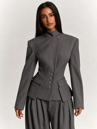 Wide Shoulder Cinched Waist Utility Pocket Decor Short Long Sleeve Blazer