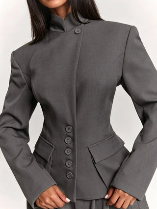 Wide Shoulder Cinched Waist Utility Pocket Decor Short Long Sleeve Blazer