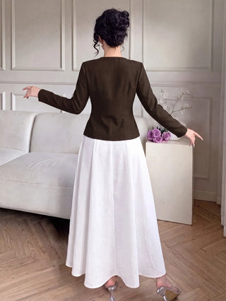 Round Neck Metal Button Jacket Flared Skirt Set