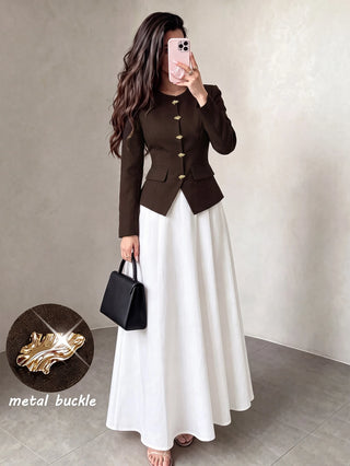 Round Neck Metal Button Jacket Flared Skirt Set