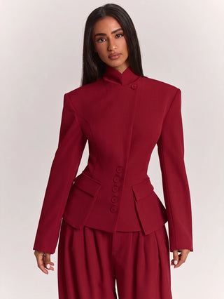 Wide Shoulder Cinched Waist Utility Pocket Decor Short Long Sleeve Blazer