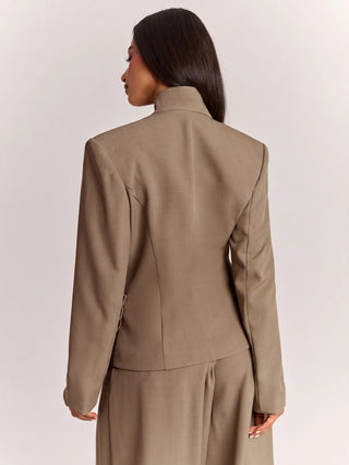 Wide Shoulder Cinched Waist Utility Pocket Decor Short Long Sleeve Blazer