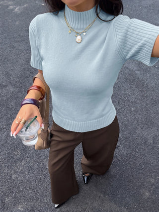 Solid Color Turtleneck Short Sleeve Knit Top