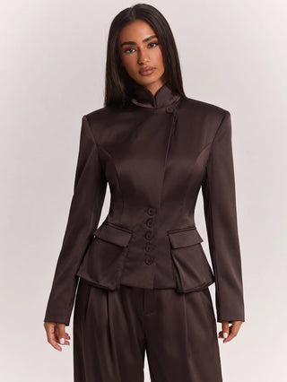 Wide Shoulder Cinched Waist Utility Pocket Decor Short Long Sleeve Blazer