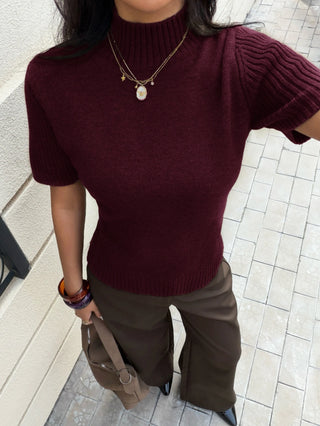 Solid Color Turtleneck Short Sleeve Knit Top
