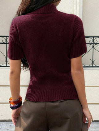 Solid Color Turtleneck Short Sleeve Knit Top