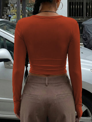 Round Neck Long Sleeve Fitted Casual T-Shirt