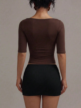 Wide Square Neck Elbow Sleeve Cropped Top