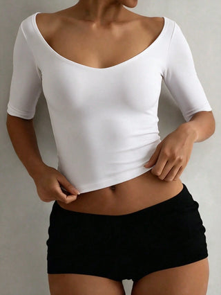 Wide Square Neck Elbow Sleeve Cropped Top