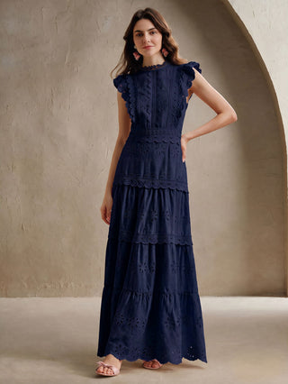 Multi-Layer Lace Stand Collar Cap Sleeve Yellow Dress