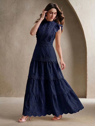 Multi-Layer Lace Stand Collar Cap Sleeve Yellow Dress