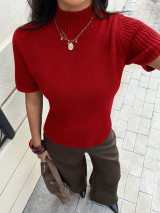 Solid Color Turtleneck Short Sleeve Knit Top
