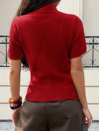Solid Color Turtleneck Short Sleeve Knit Top