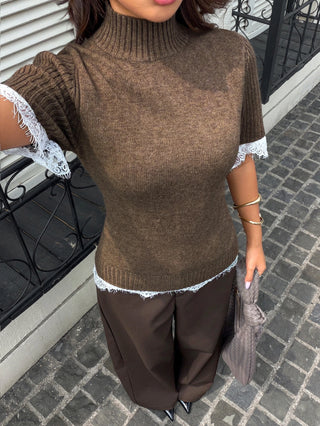Solid Color Turtleneck Short Sleeve Knit Top