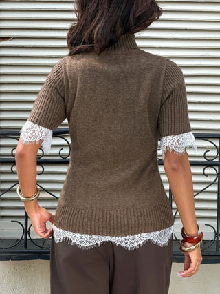 Solid Color Turtleneck Short Sleeve Knit Top