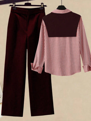 Striped Shawl Collar Shirt And High Waist Wide Leg Pants