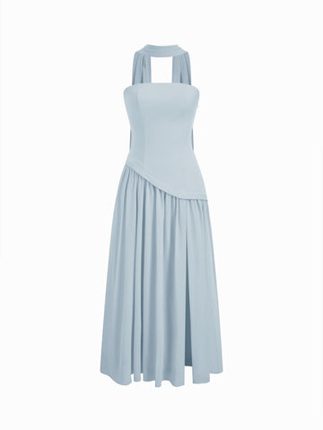 Chiffon Sculptural Halter Neckline Lace Up Maxi Bobycon Dress With Scarf