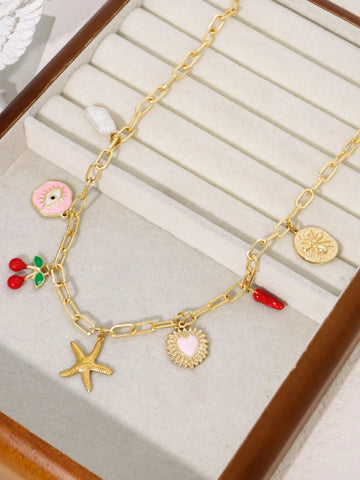 1Pc Charm Dopamine Cherry, Heart, Starfish, Chili Pepper, Faux Pearl, Bee Pendant