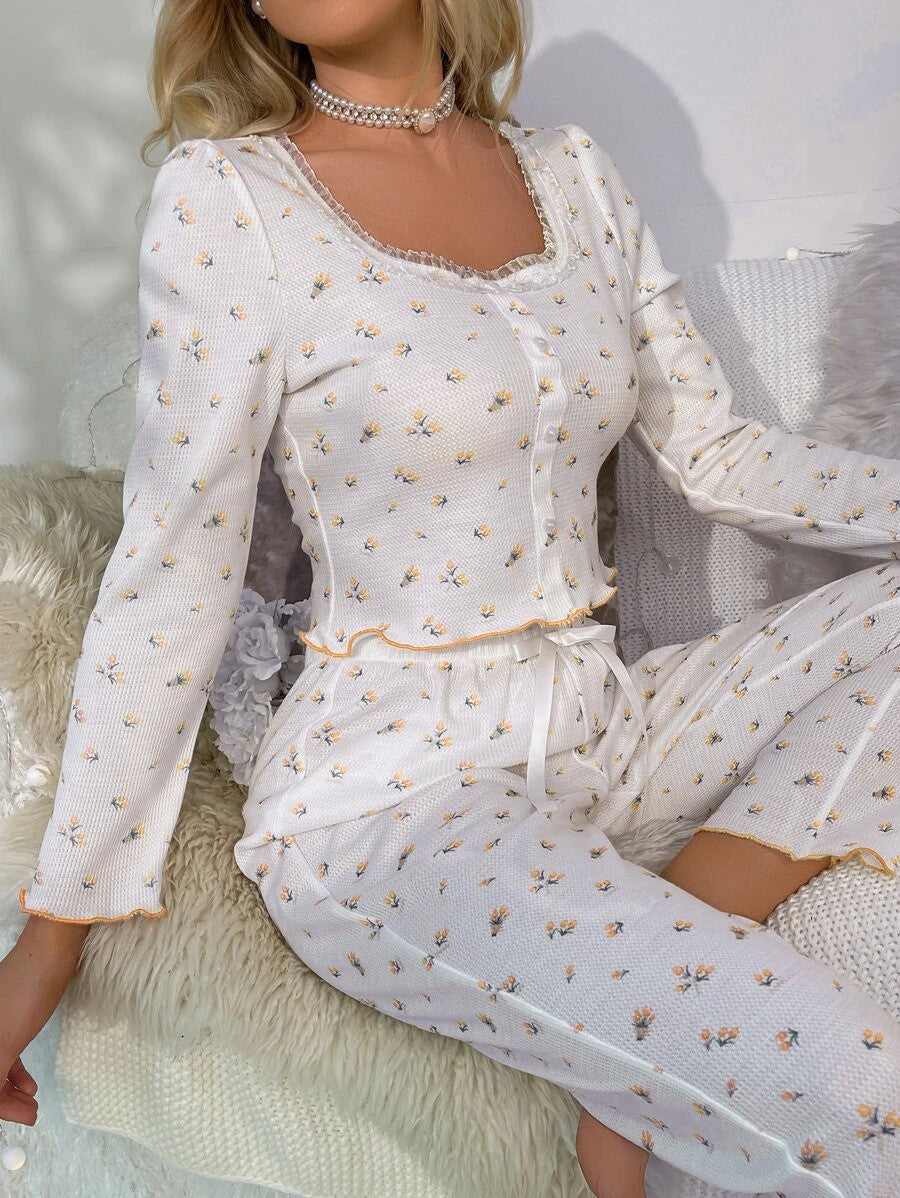 Floral Print Lettuce Trim Bow Front PJ Set