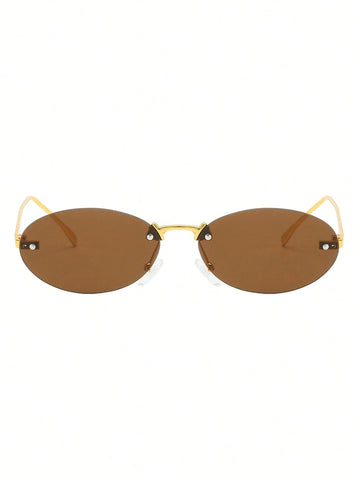 1pc Women's Oval Frameless Metal Leg Edged Small Frame Fashionable Eyeglasses