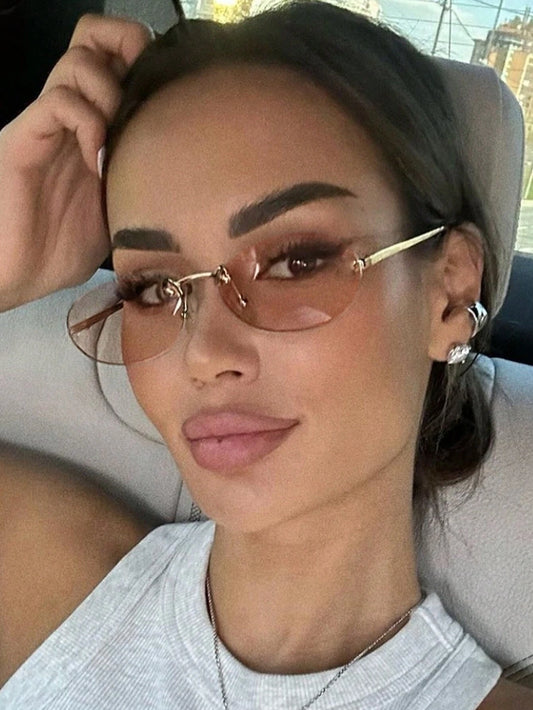1pc Women's Oval Frameless Metal Leg Edged Small Frame Fashionable Eyeglasses