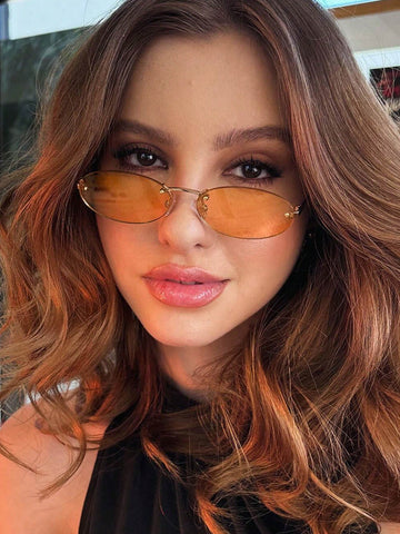 1pc Women's Oval Frameless Metal Leg Edged Small Frame Fashionable Eyeglasses