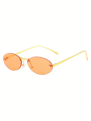 1pc Women's Oval Frameless Metal Leg Edged Small Frame Fashionable Eyeglasses