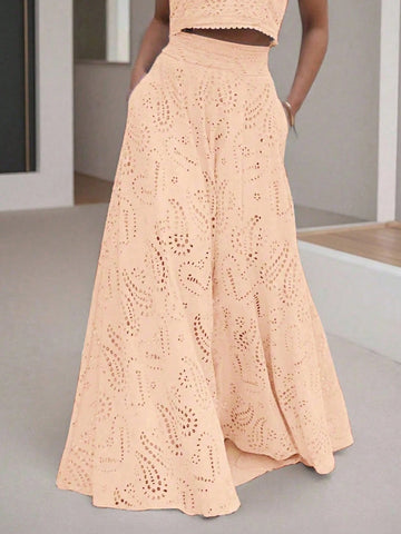 (1 Piece)Vintage Floral Hollow Out Full Embroidery A-Line Midi Skirt