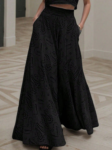 (1 Piece)Vintage Floral Hollow Out Full Embroidery A-Line Midi Skirt