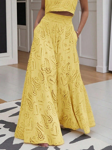 (1 Piece)Vintage Floral Hollow Out Full Embroidery A-Line Midi Skirt