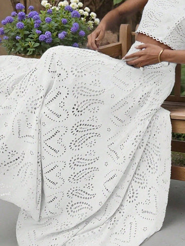 (1 Piece)Vintage Floral Hollow Out Full Embroidery A-Line Midi Skirt