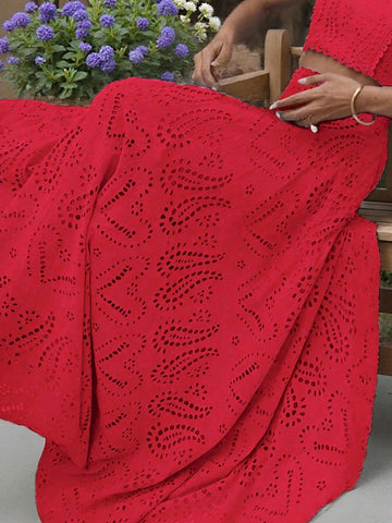 (1 Piece)Vintage Floral Hollow Out Full Embroidery A-Line Midi Skirt