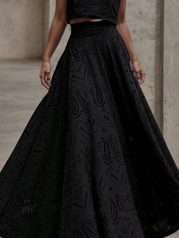 (1 Piece)Vintage Floral Hollow Out Full Embroidery A-Line Midi Skirt