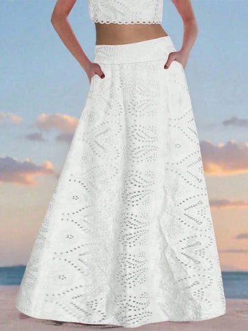 (1 Piece)Vintage Floral Hollow Out Full Embroidery A-Line Midi Skirt