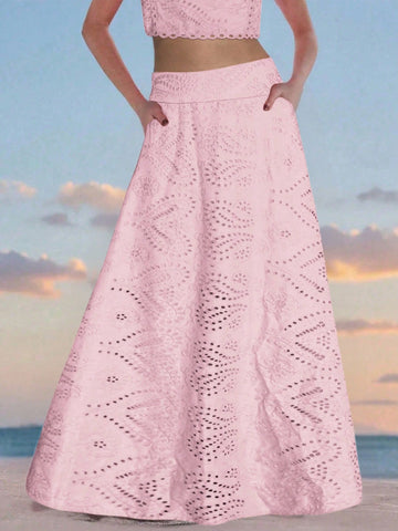 (1 Piece)Vintage Floral Hollow Out Full Embroidery A-Line Midi Skirt