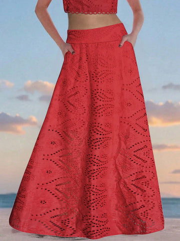 (1 Piece)Vintage Floral Hollow Out Full Embroidery A-Line Midi Skirt