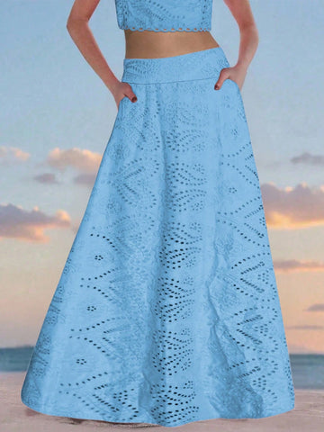 (1 Piece)Vintage Floral Hollow Out Full Embroidery A-Line Midi Skirt