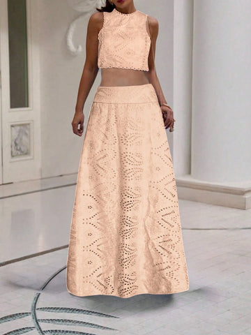 (1 Piece)Vintage Floral Hollow Out Full Embroidery A-Line Midi Skirt