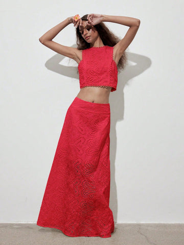 (1 Piece)Vintage Floral Hollow Out Full Embroidery A-Line Midi Skirt