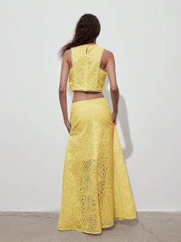 (1 Piece)Vintage Floral Hollow Out Full Embroidery A-Line Midi Skirt