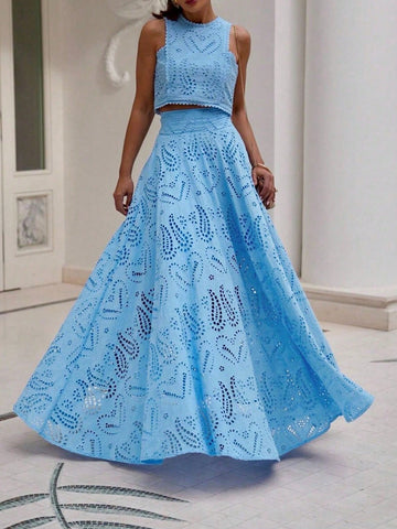 (1 Piece)Vintage Floral Hollow Out Full Embroidery A-Line Midi Skirt