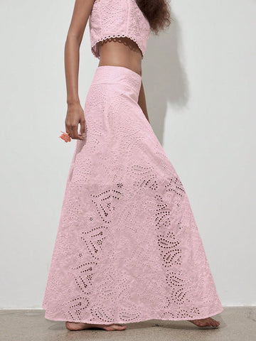 (1 Piece)Vintage Floral Hollow Out Full Embroidery A-Line Midi Skirt