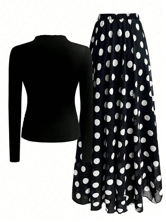 1 Set Solid Color Ruched Long Sleeve Top + Polka Dot Print Skirt