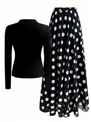 1 Set Solid Color Ruched Long Sleeve Top + Polka Dot Print Skirt