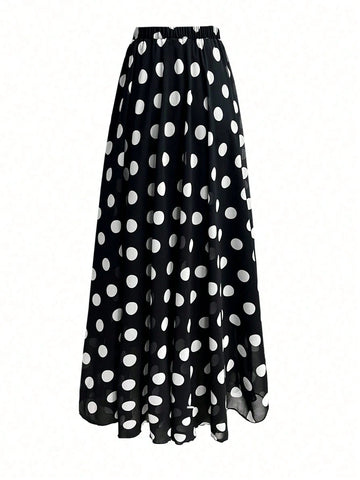 1 Set Solid Color Ruched Long Sleeve Top + Polka Dot Print Skirt