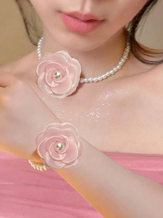 1 Set Women Necklace & Bracelet Jewelry With Organza Flower & Faux Pearl