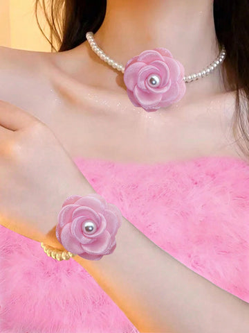 1 Set Women Necklace & Bracelet Jewelry With Organza Flower & Faux Pearl