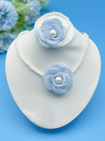 1 Set Women Necklace & Bracelet Jewelry With Organza Flower & Faux Pearl