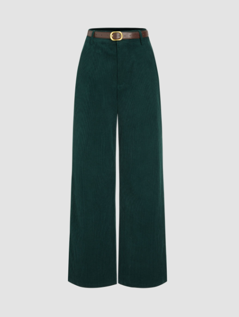 Corduroy Middle Waist Pocket Straight Leg Trousers With Belt