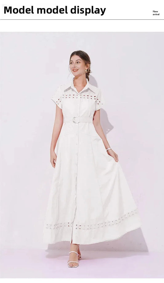 Long A- Line Dress Women's Sleeveless Waist-Cinching Collar Hollow out Cross-Border Maxi Dress